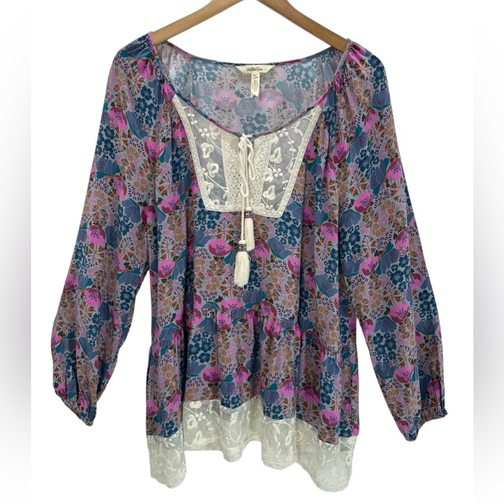 Matilda Jane Sew Perfect Floral Peasant Blouse Lace Tassel Boho Cottage Top L - Picture 2 of 10